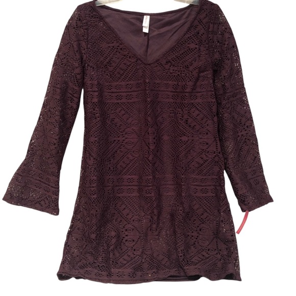 NWT Purple Boho Lace Overlay Long Flare Sleeve V Neck Pullover Mini Dress - Med - Picture 2 of 10